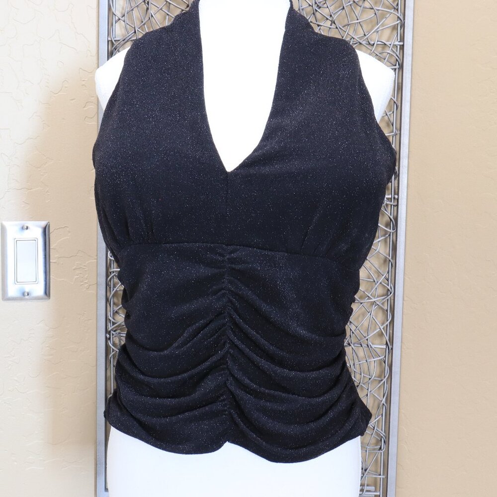 Black Sparkle Ruched Halter Tank Top